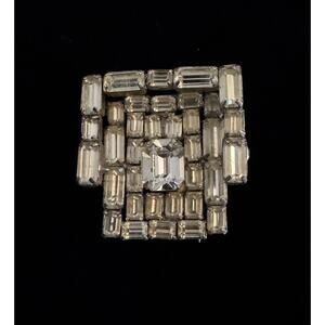 Vintage Art Deco Brooch Silver and Rhinestones Pin Closure